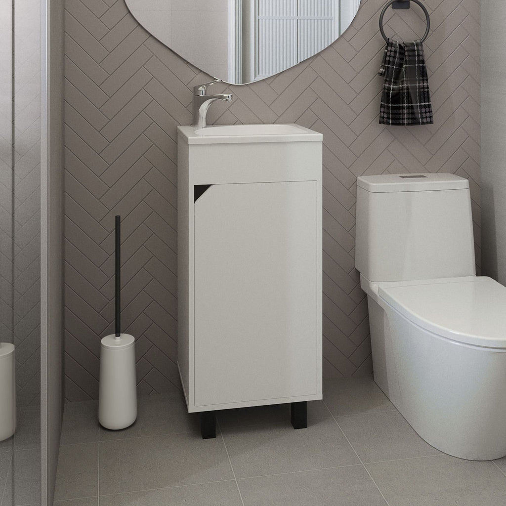Bethel Wide One-Door Cabinet, Free Standing Vanity With Resin Sink And Two Shelves, Bathroom Storage, White