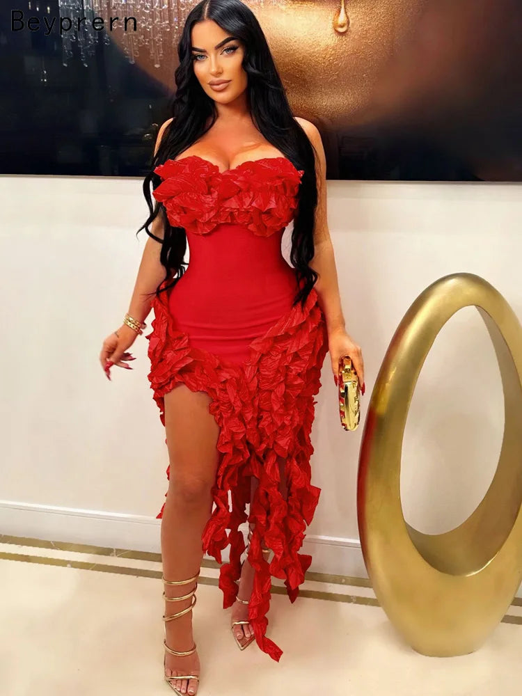 Women’s Summer Strapless Ruffle Tassel Dress with Red Flower Embellishments and Irregular Hem for Glamorous Parties and Club Outfits