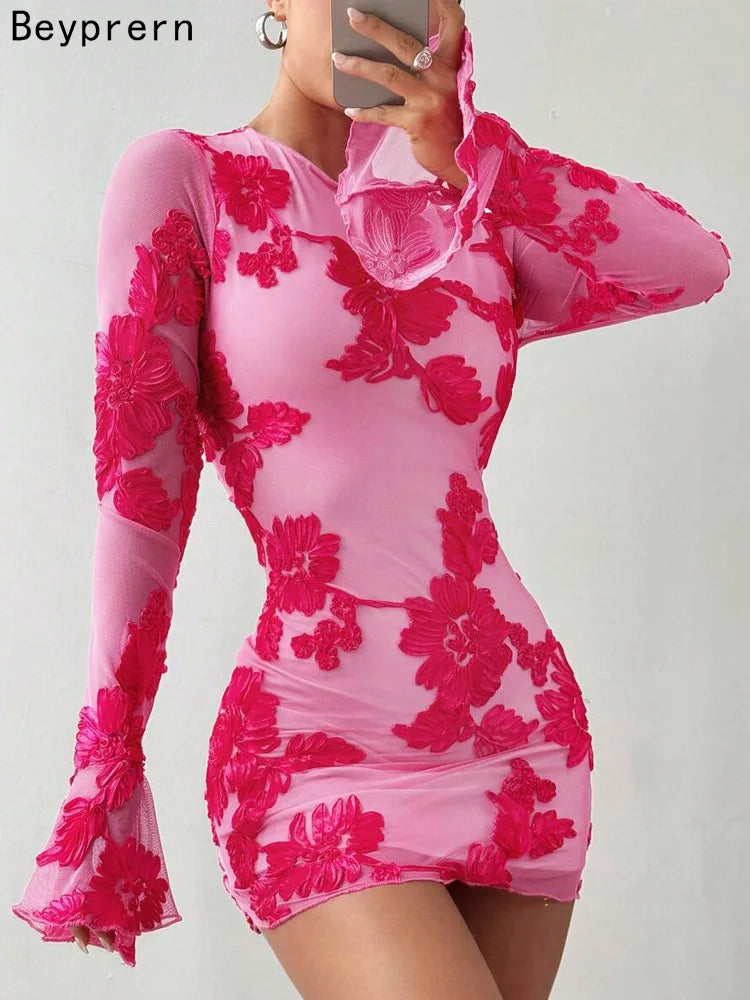 Elegant Rose Pink Floral Mesh Backless Short Dress with Long Sleeves and Embroidered Details for Stylish Party and Birthday Celebrations - NIICY