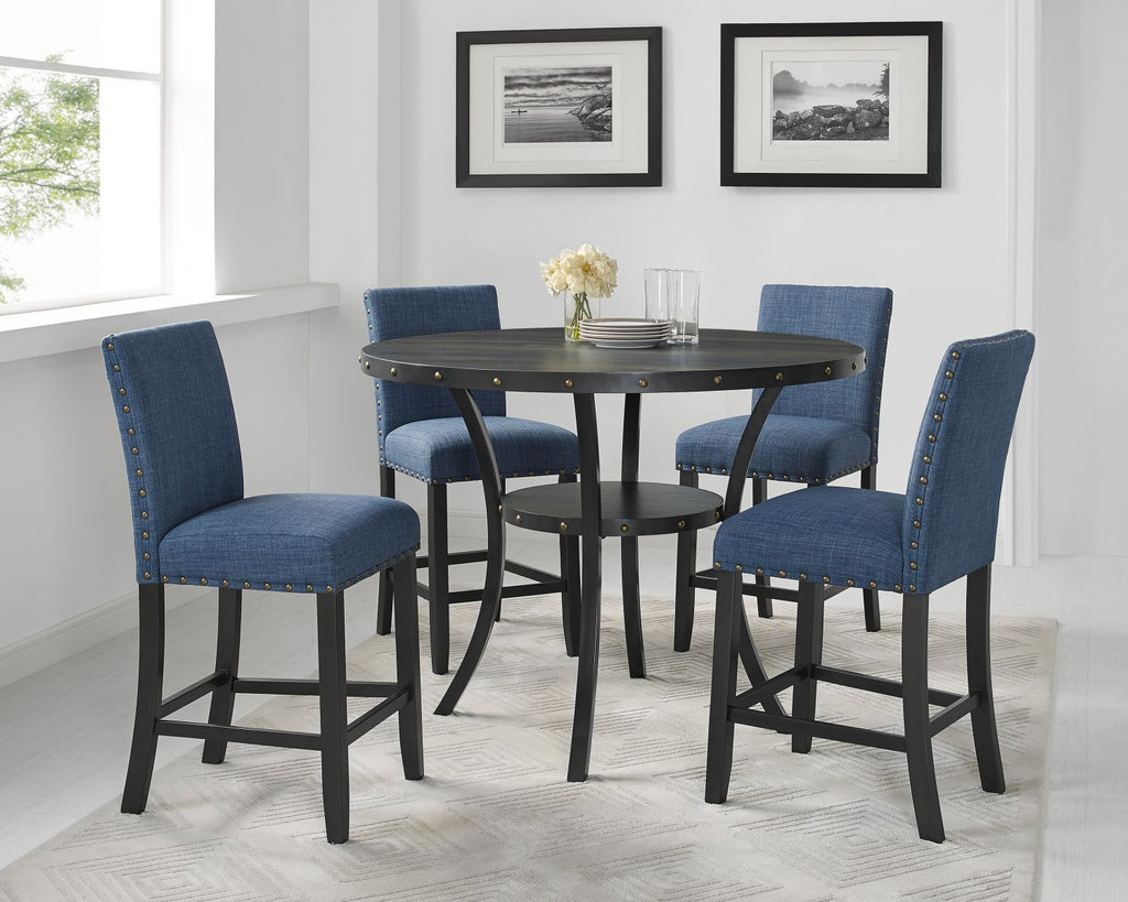 Biony Espresso Wood Counter Height Dining Set with Blue Fabric Nailhead Stools