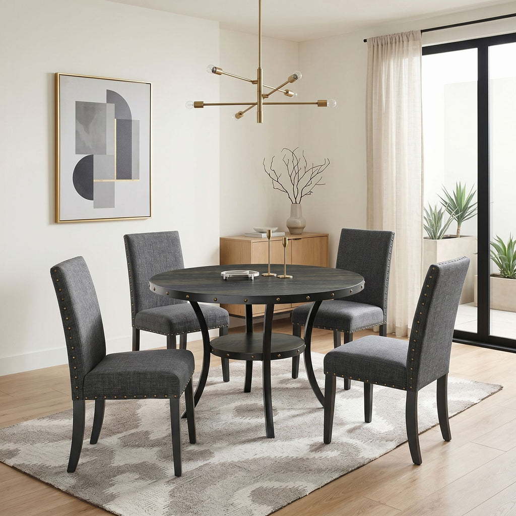 Biony Espresso Wood Dining Set with Gray Fabric Nailhead Chairs