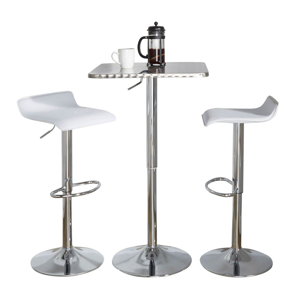 Bistro Square-Ale Contemporary Adjustable Bar Set in Silver and Chrome Metal with White PVC and Oval Footrest by - 3 Piece