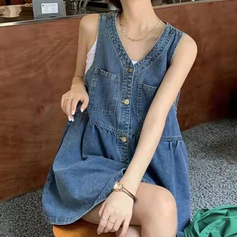 Sleeveless Strap Denim Dress for Women Casual Summer A Line Mini Dress with Pockets and Single-Breasted Design - NIICY