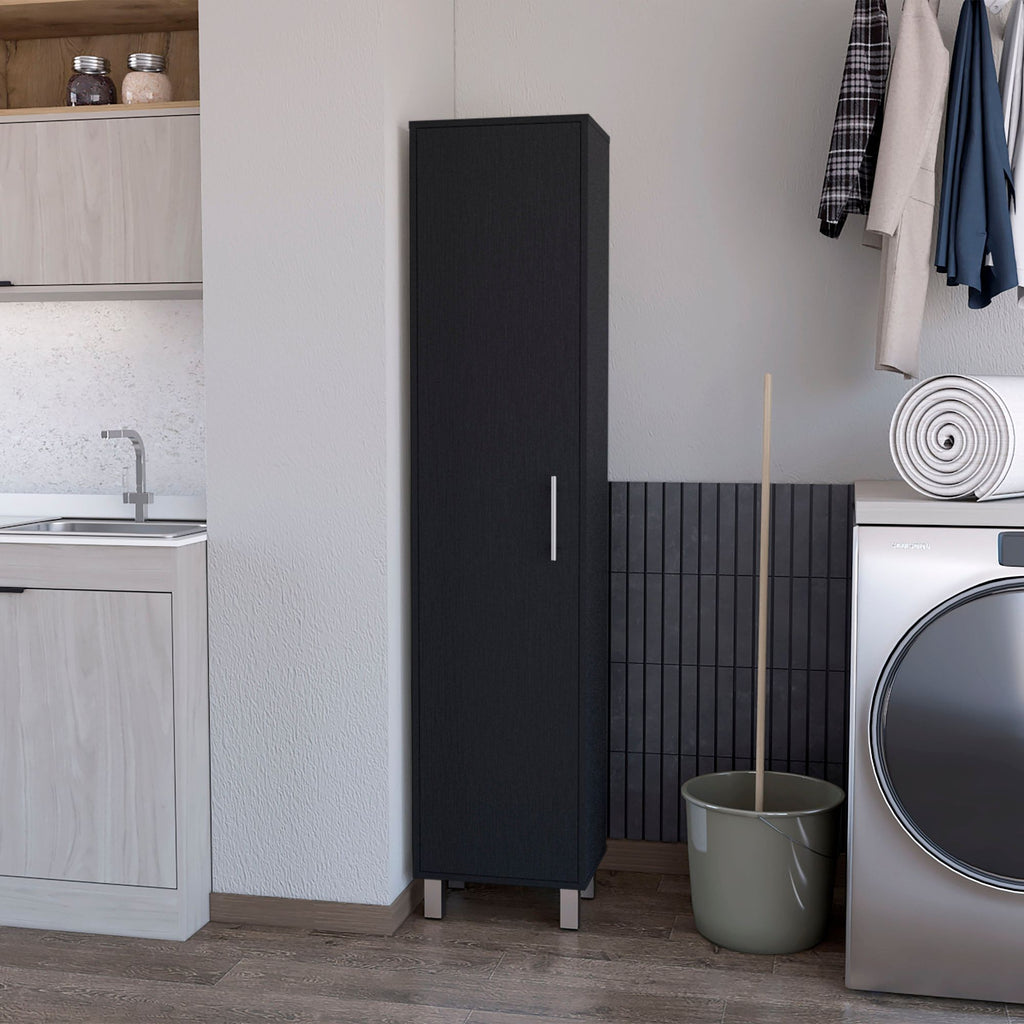 Black 1-Door Cabinet with 3 Broom Hangers