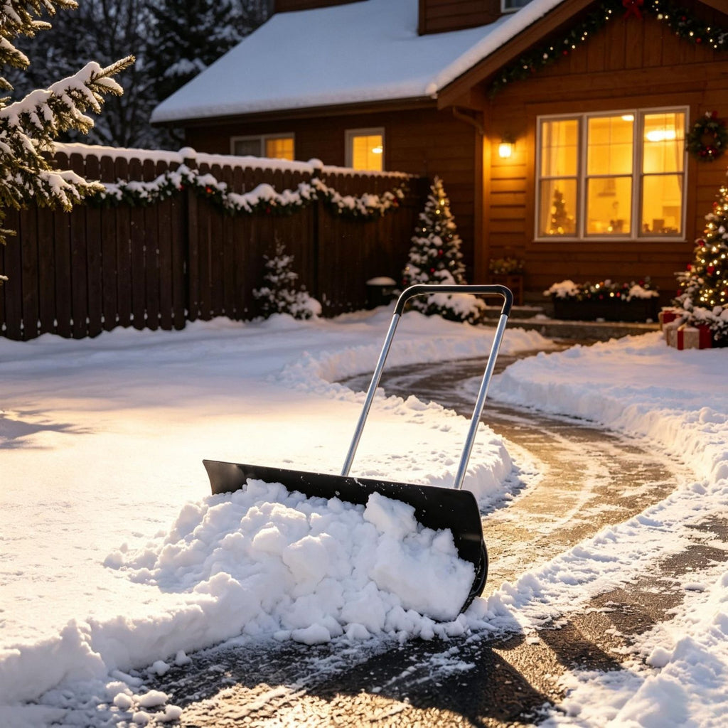 Black 37 Inch Wheeled Aluminum Snow Pusher with Adjustable Ergonomic Handle