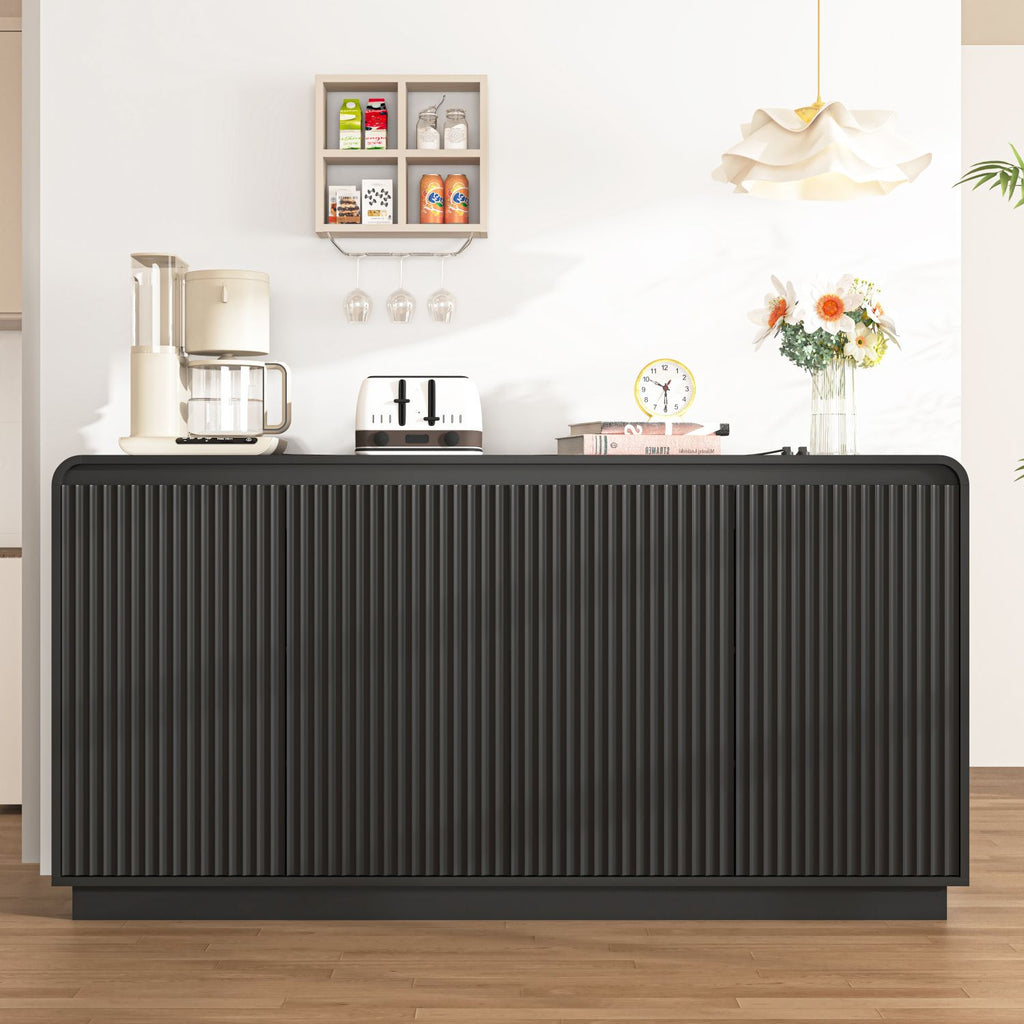 Black 4-Door Fluted TV Stand with Power Outlet, Handleless Wave Design Entertainment Center, Adjustable 3-Tier Particle Board Storage Cabinet, Multi-Functional Media Console & Buffet Sideboard