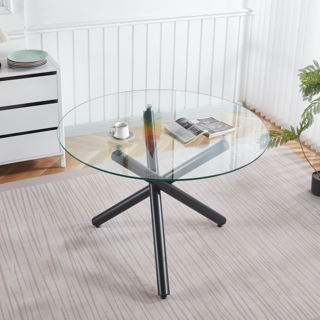Black Dining Table with metal leg and glass,Modern Space Saving Kitchen Table for Living Room,110X110X75CM