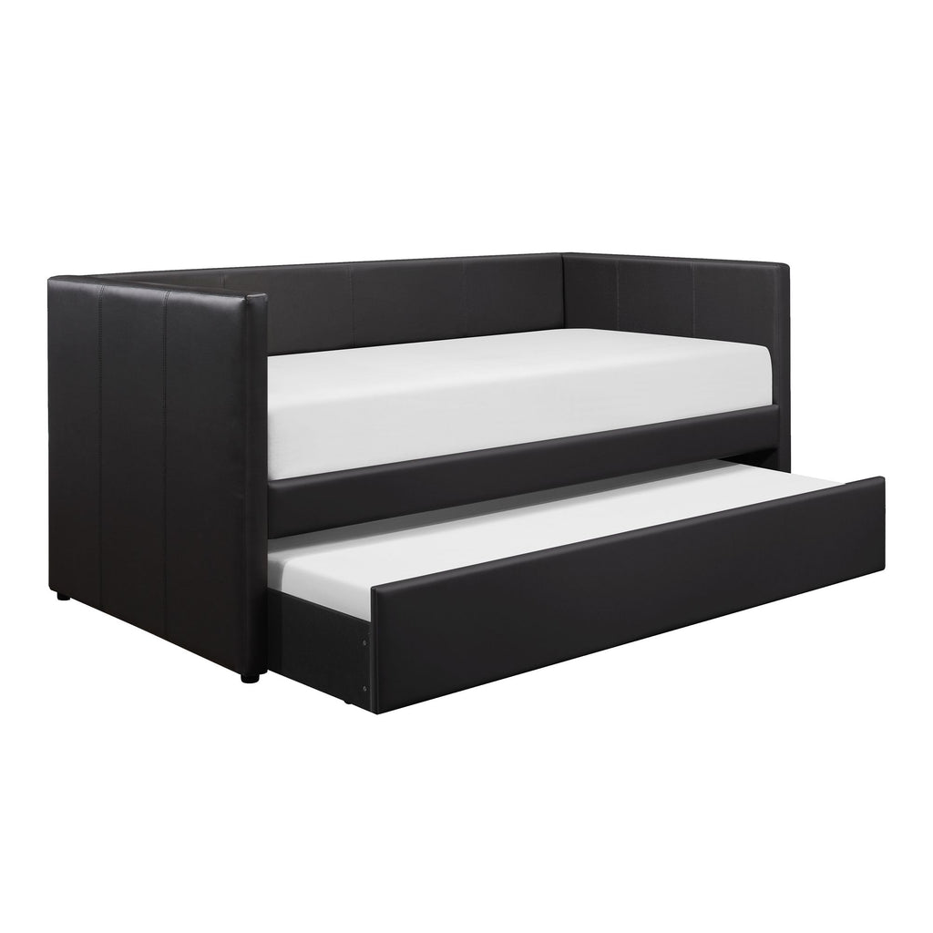 Black Faux Leather Upholstered Contemporary Daybed with Trundle Wooden Furniture 1pc