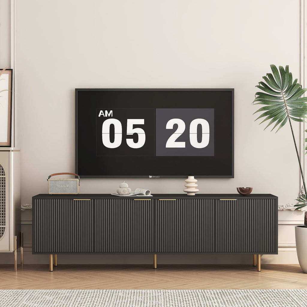 Black Modern TV Stand Fluted 68" with Power Outlet, Entertainment Center with Storage Doors, TV Console Media Cabinet, for 55+ Inch TV, Living Room