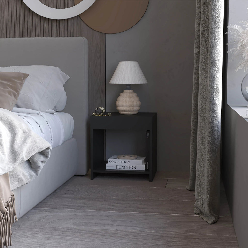 Black Nightstand with Open Storage