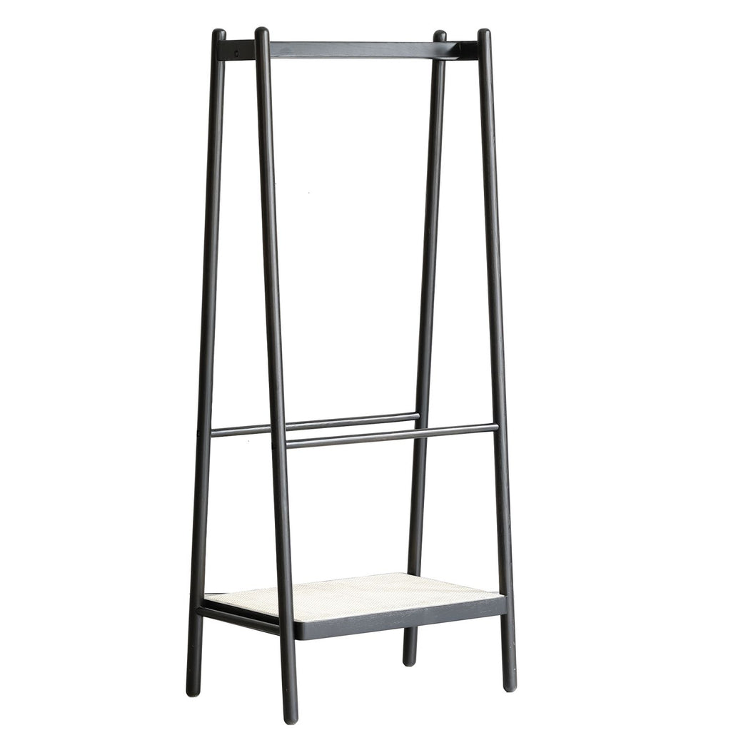 (Black) Solid Oak Wood Clothes Rack, Black Rattan Hanger Rack-clothes Rack with Shelves, Cloth Hanger Standing Garment Racks for Hanging Clothes