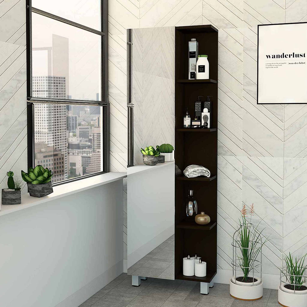 Black Wengue 5-Shelf Linen Cabinet with Mirror