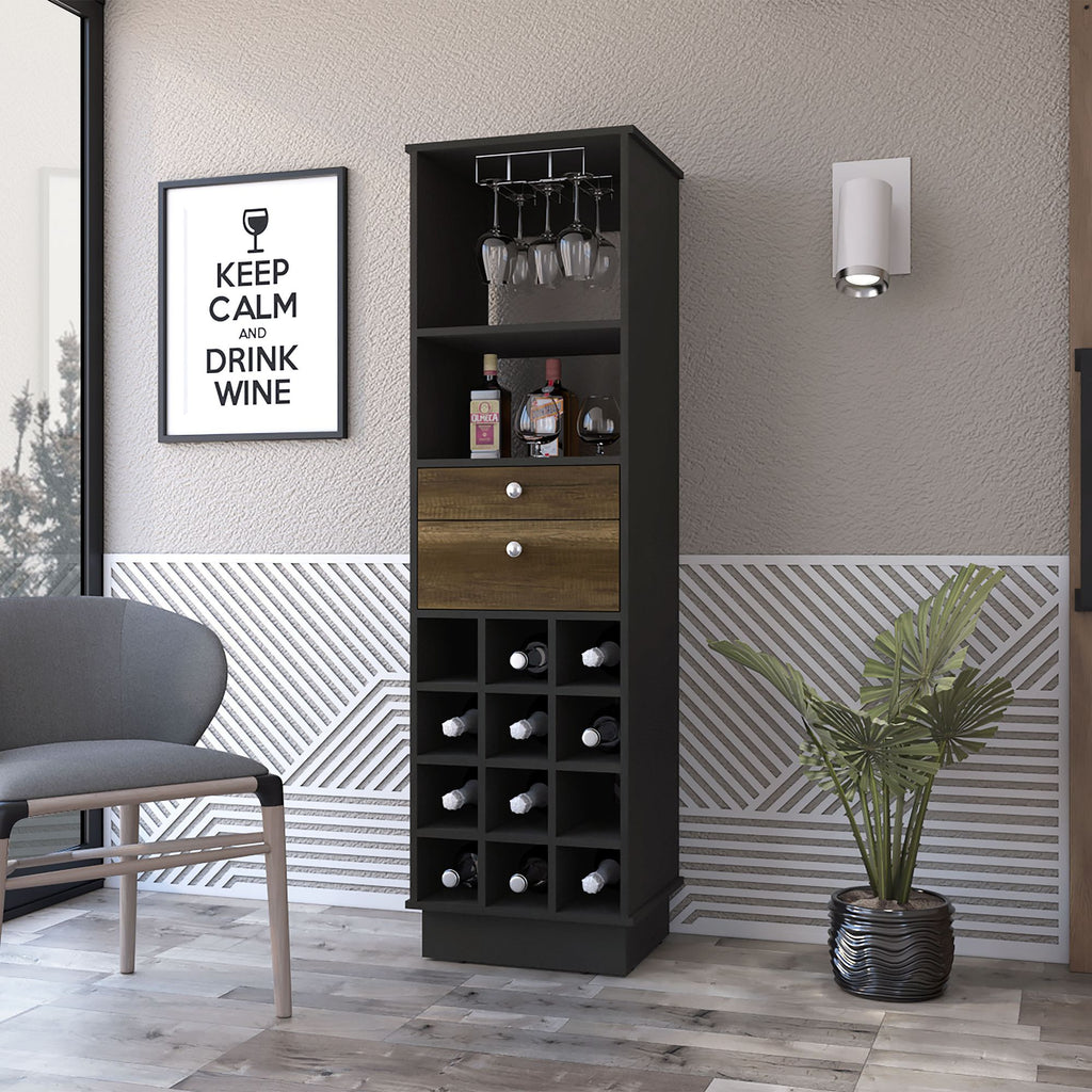 Black Wengue and Walnut 12-Bottle 2-Drawer 1-Shelf Bar Cabinet