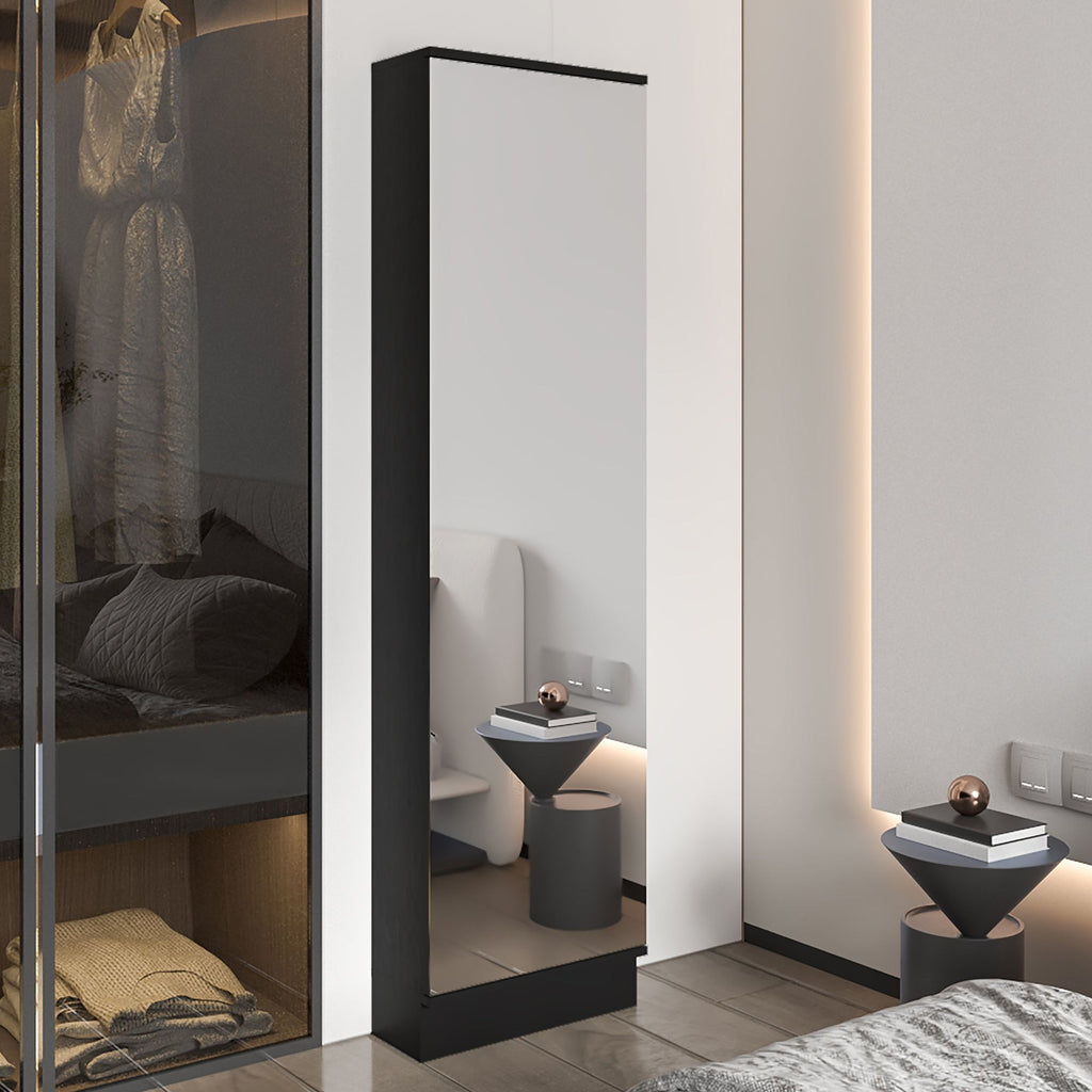 Black Wengue Rectangle Tall Shoe Cabinet with Mirror