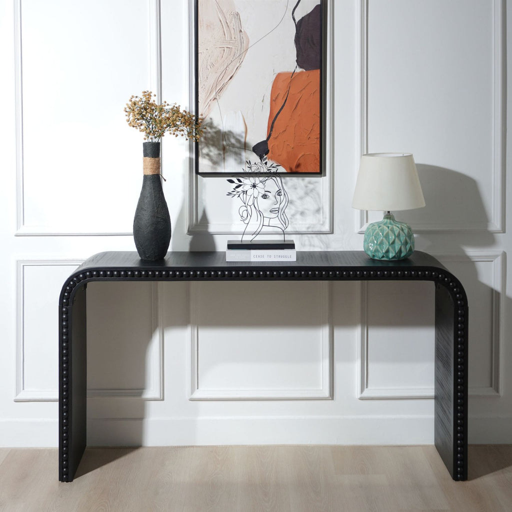 Black wood Console Table, 59in Entryway Table, Curved Waterfall-style Table,Console table with wood beads,Entrance Table for Entryway, Hallway, Living Room, Foyer, Corridor, Office