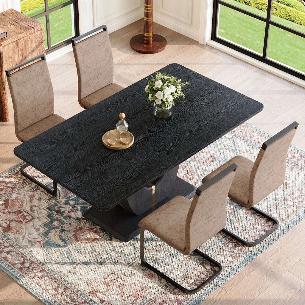 Black Wood Grain Dining Table Set for 4 people, 63" Modern MDF Dining Room Table Set .Paired with 4 Brown technology fabric chairs with arched black legs.Suitable for kitchen,Dining room,etc.