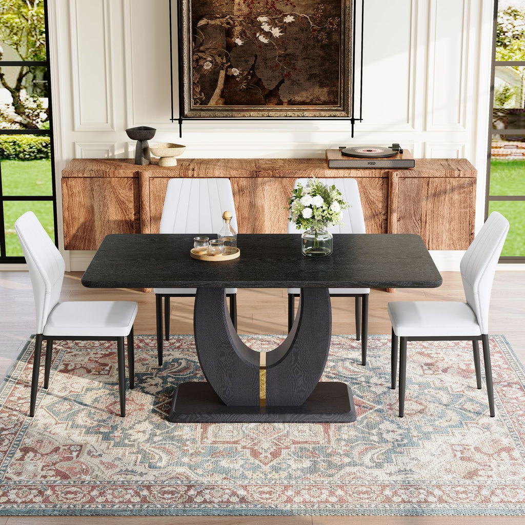 Black Wood Grain Dining Table Set for 4 people, 63" Modern MDF Dining Room Table Set .Paired with 4 White PU chairs with a shell like texture design on the backrest.Exudes A Strong Sense Of Fashion.