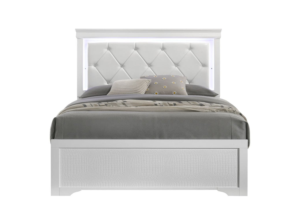 Blaze Upholstered Modern Style Queen Bed Made with LED Headboard & Wood in White