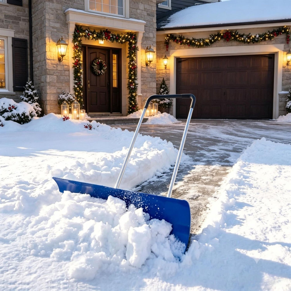 Blue 37 Inch Wheeled Aluminum Snow Pusher with Adjustable Ergonomic Handle