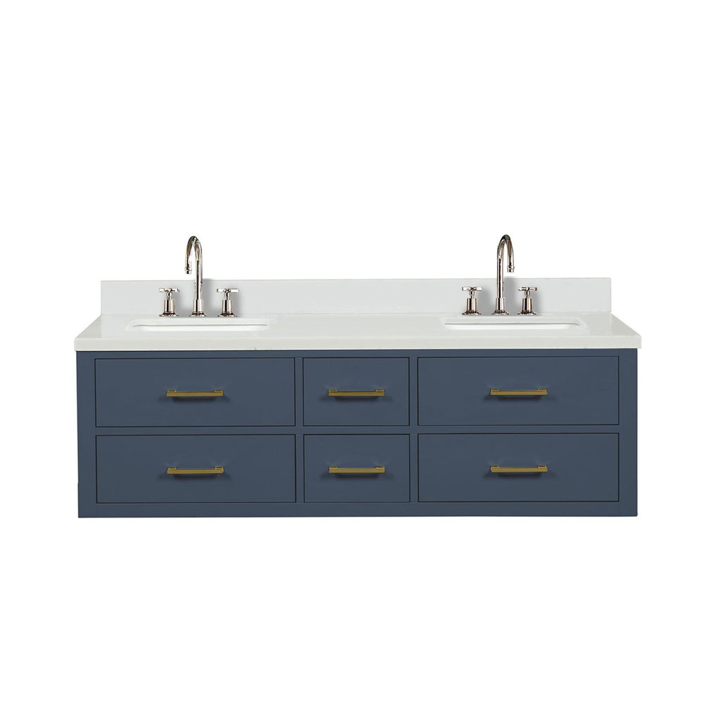 Blue Double Bath Vanity 60 in. W x 22 in. D, White Quartz Top, and Faucet Set