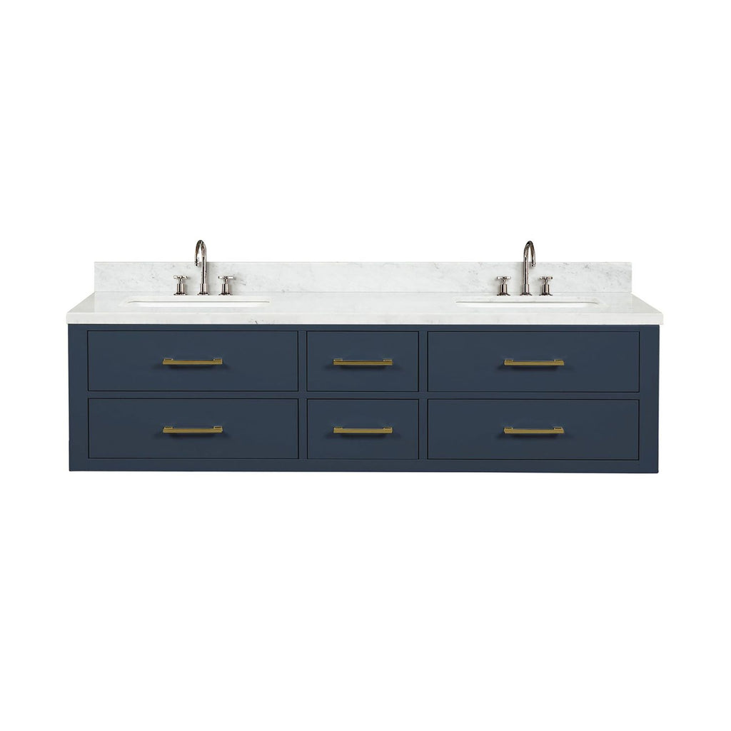 Blue Double Bath Vanity 72 in. W x 22 in. D, Carrara Marble Top, and Faucet Set