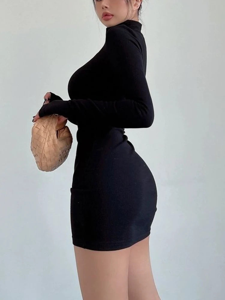 Black Turtleneck Long Sleeve Pleated Bodycon Mini Dress for Fall and Winter Women’s Streetwear Party and Clubwear - NIICY