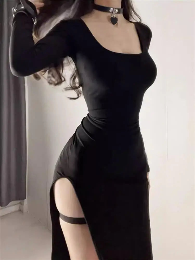 Sexy Side Slit Dress for Women Tight-Fitting Wrap Hip Over-the-Knee Long Sleeve Bodycon Black Dress for Spring and Autumn - NIICY