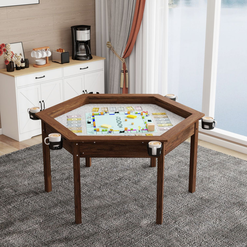Board Game Table with Removable Table Top for 6 Players, Hexagon Gaming and Dining Table with Solid Wood Legs, Non-Slip Play Mat, Rotating Cup Holders-Rustic Brown