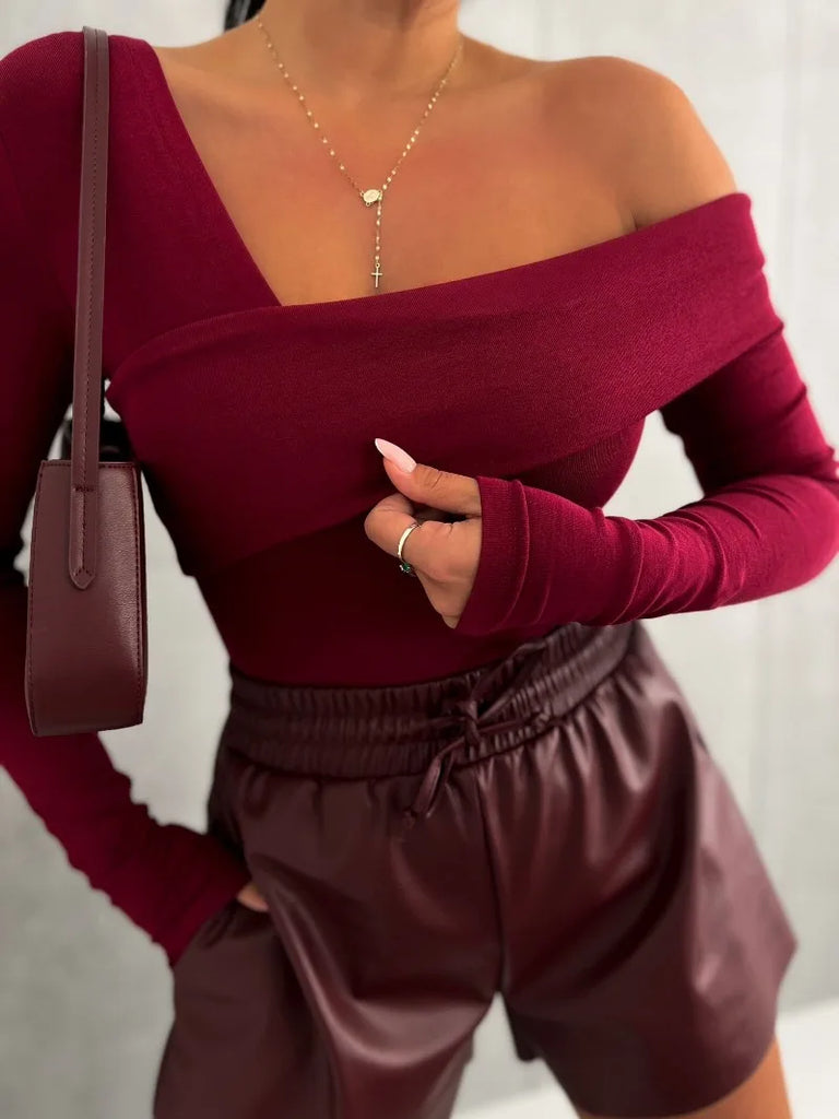 Black Off Shoulder Long Sleeve Crop Top Women’s Slim Fit Sexy Solid Color Elegant Autumn Winter Shirt