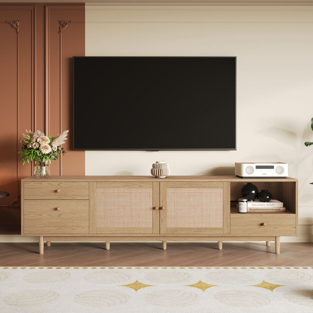 Boho TV Stand for 65, 75, 85 Inch TV, Entertainment Center with Open Storage and Drawers, Modern Wood Media TV Console with Real Rattan