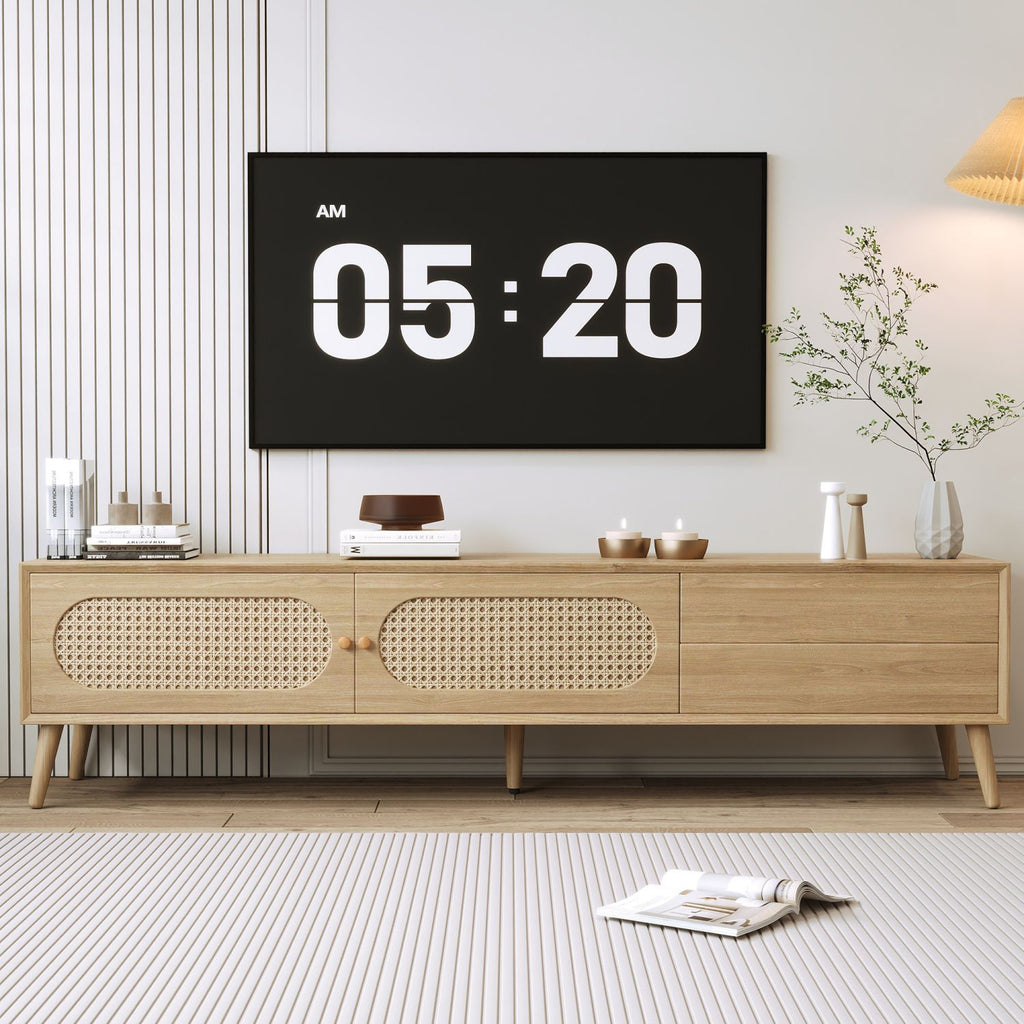 Boho TV Stand for TVs up to 80'' , Modern Farmhouse Media Console, Entertainment Center with Solid Wood Legs, TV Cabinet for Living Room, Home Theatre