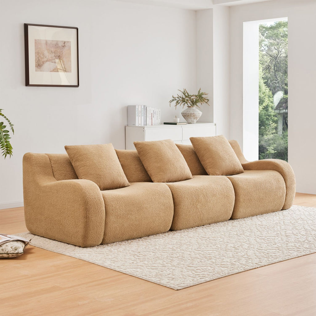 Boneless Sofa,3 Seat High-Quality Teddy Fabric,Anti-Slip Design,No Assembly Curved Armrests Streamlined Design,32D High Density Sponge For Living Rooms Bedrooms Reading Nook,Camel