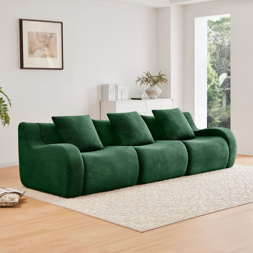 Boneless Sofa,3 Seat High-Quality Teddy Fabric,Anti-Slip Design,No Assembly Curved Armrests Streamlined,32D High Density Sponge For Living Rooms Bedrooms Reading Nook,Green