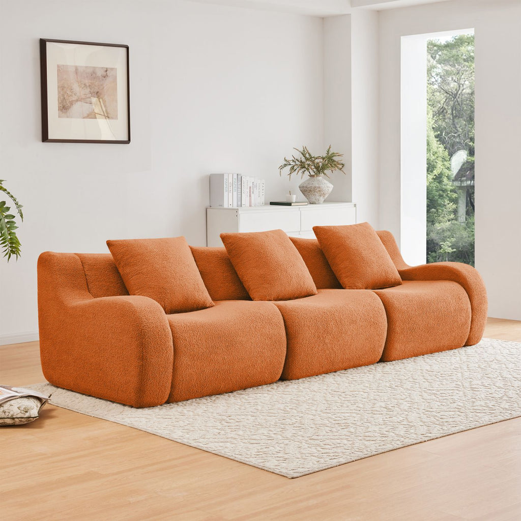 Boneless Sofa,3 Seat High-Quality Teddy Fabric,Anti-Slip Design,No Assembly Curved Armrests Streamlined,32D High Density Sponge For Living Rooms Bedrooms Reading Nook,Orange