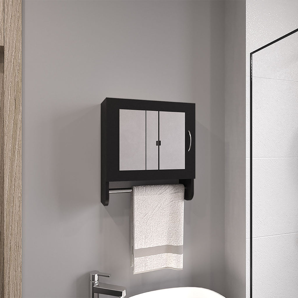 BOTIQ 19.7" H x 17.7" W Mirror Medicine Cabinet with Towel Rack White, One door with Two interior Shelves for Bathroom, Kitchen Black