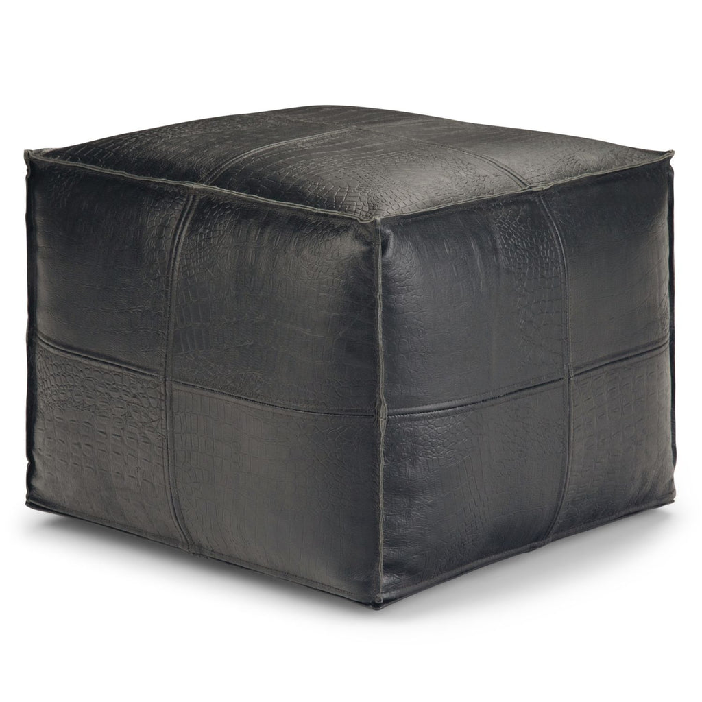 Bowen 18 inch Wide Square Pouf in Black Genuine Leather