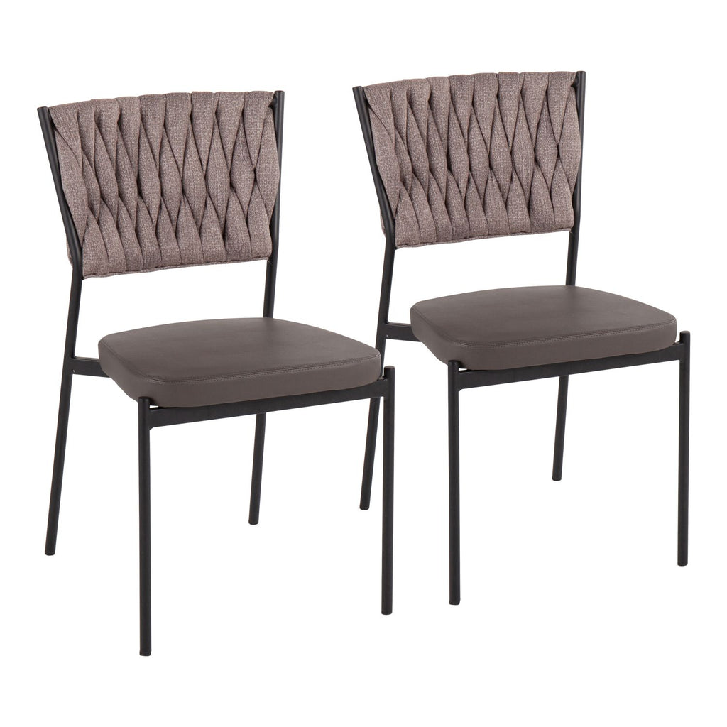 Braided Tania Contemporary Chair in Black Metal, Grey Faux Leather, and Light Brown Fabric by - Set of 2