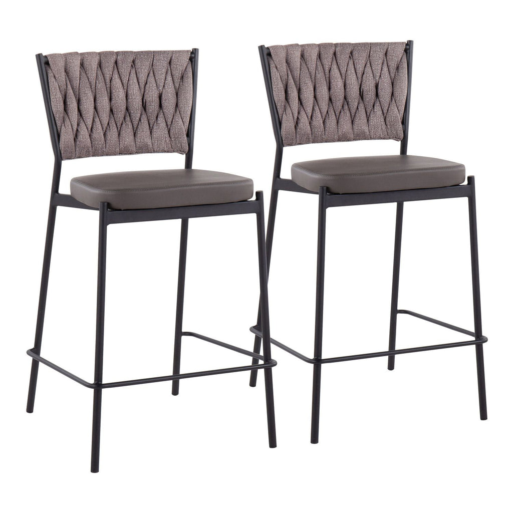 Braided Tania Contemporary Counter Stool in Black Metal, Grey Faux Leather, and Light Brown Fabric by - Set of 2