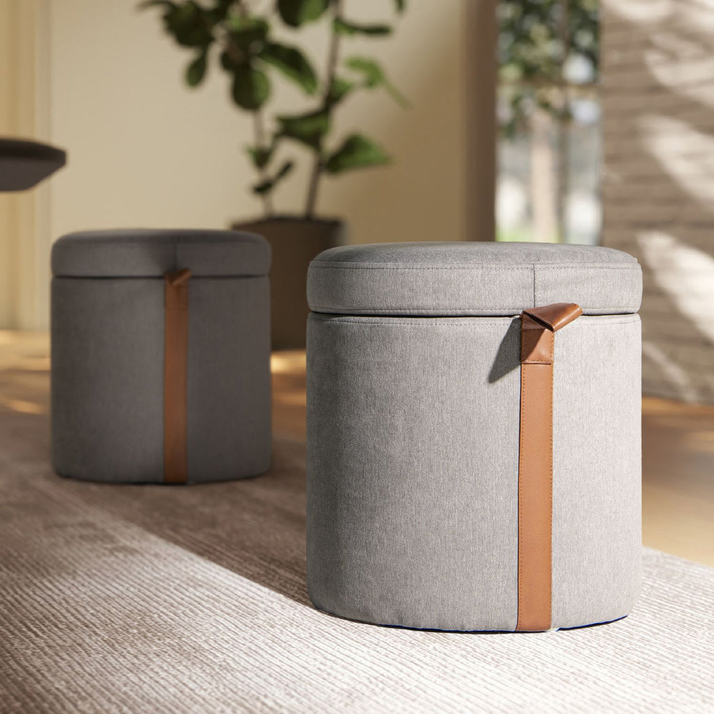 Brandy 14" Round Upholstered Storage Ottoman with Leather Accent, Uptown Gray