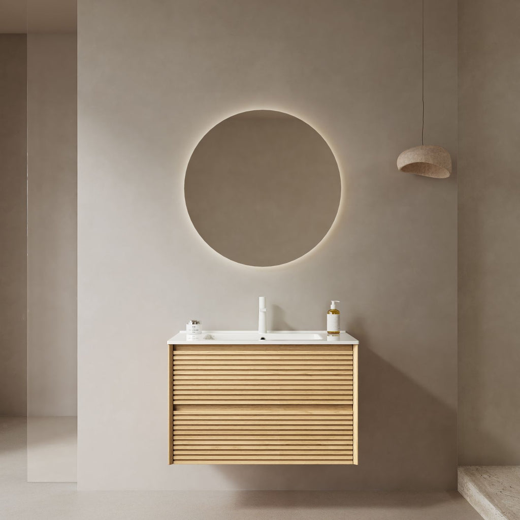 BRON 30" Bathroom Vanity with Sink, Modern Wall-Mounted Floating Plywood Bathroom Storage Cabinet with 2 Drawers, White Ceramic Basin with Sink Hole Cover and Drain, Pre-assembled, Corolla Oak