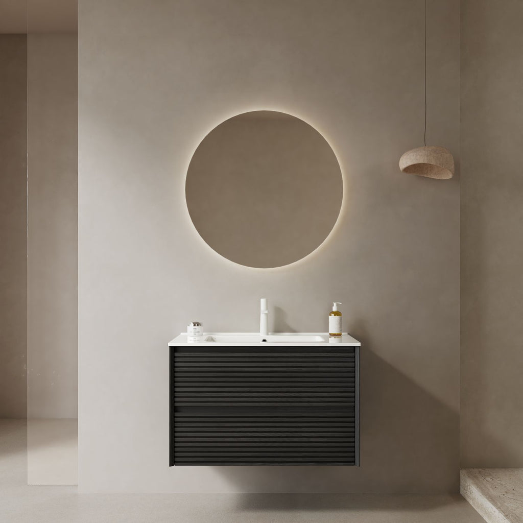 BRON 30" Bathroom Vanity with Sink, Wall-Mounted Floating Plywood Bathroom Storage Cabinet with 2 Drawers, White Ceramic Basin, Pre-assembled, Dark Oak Woodgrain Color