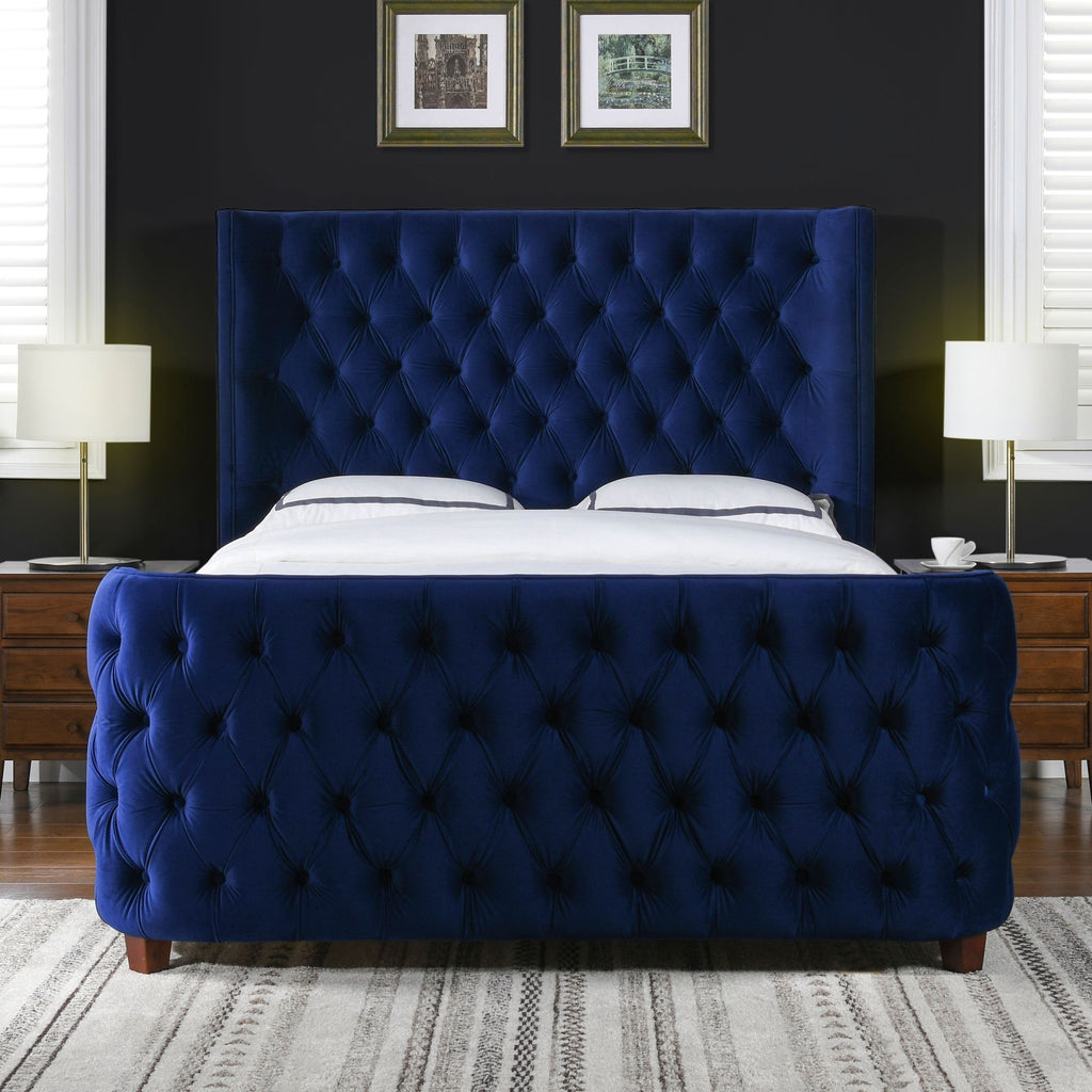 Brooklyn King Tufted Panel Bed Headboard and Footboard Set, Navy Blue Velvet