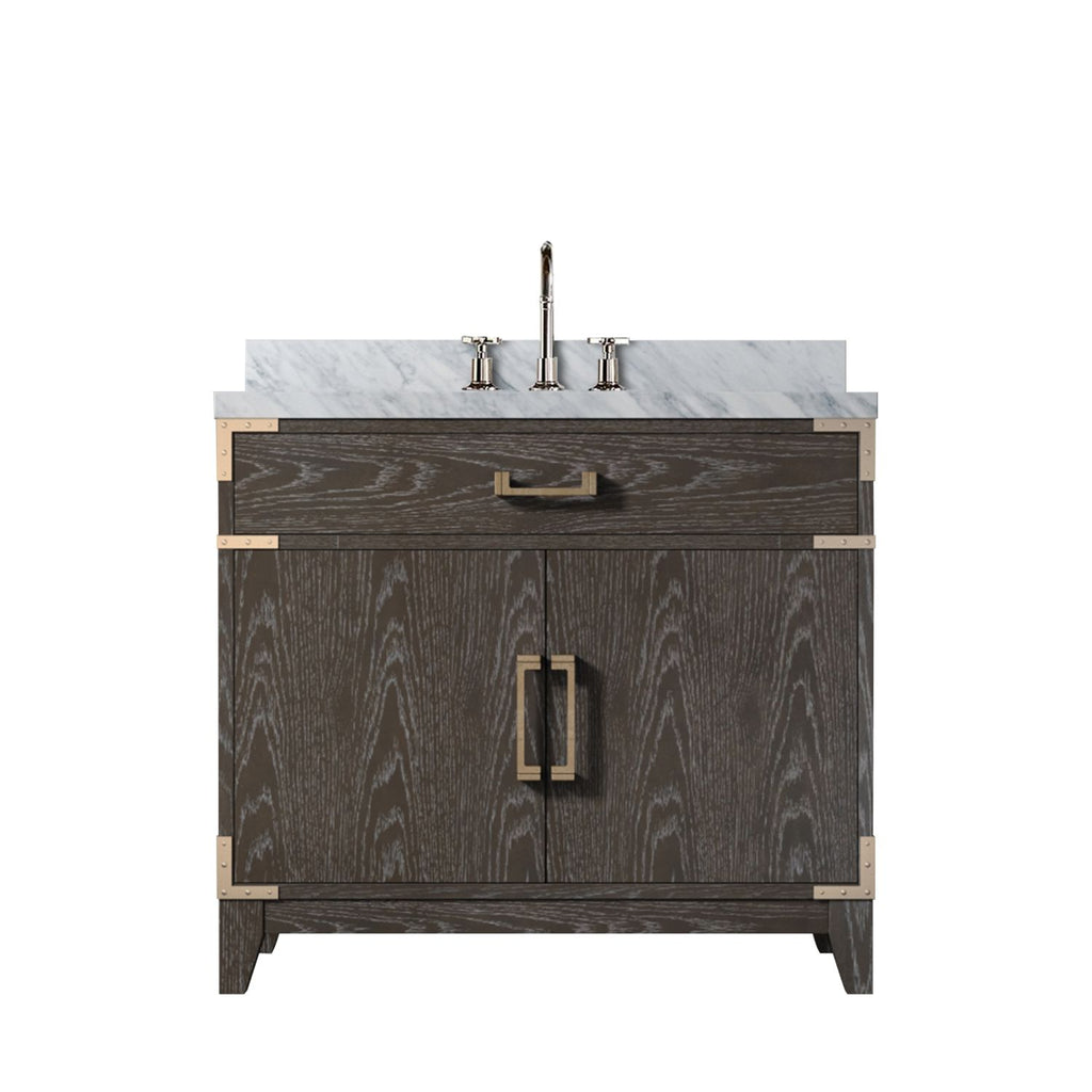 Brown Oak Single Bath Vanity 36 in. W x 22 in. D, Carrara Marble Top, and Faucet Set