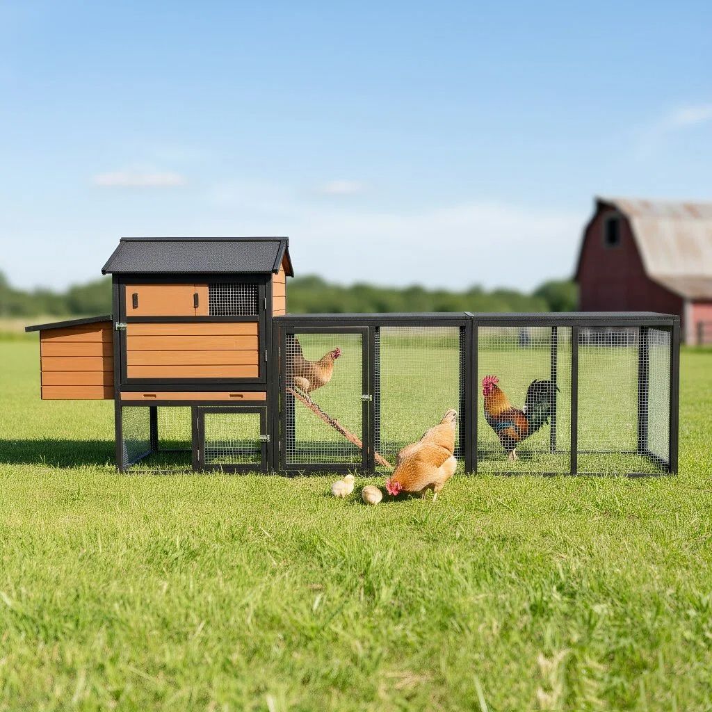 brown+black Wooden Chicken Coop, Large Outdoor Hen House with Run and Nesting Box Poultry Cage, Rabbit Hutch, Waterproof Anti-UV Panel for Backyard