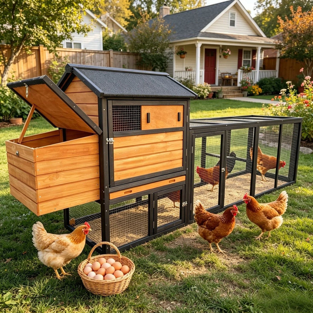 brown+black Wooden Chicken Coop, Large Outdoor Hen House with Run and Nesting Box Poultry Cage, Rabbit Hutch, Waterproof Anti-UV Panel for Backyard
