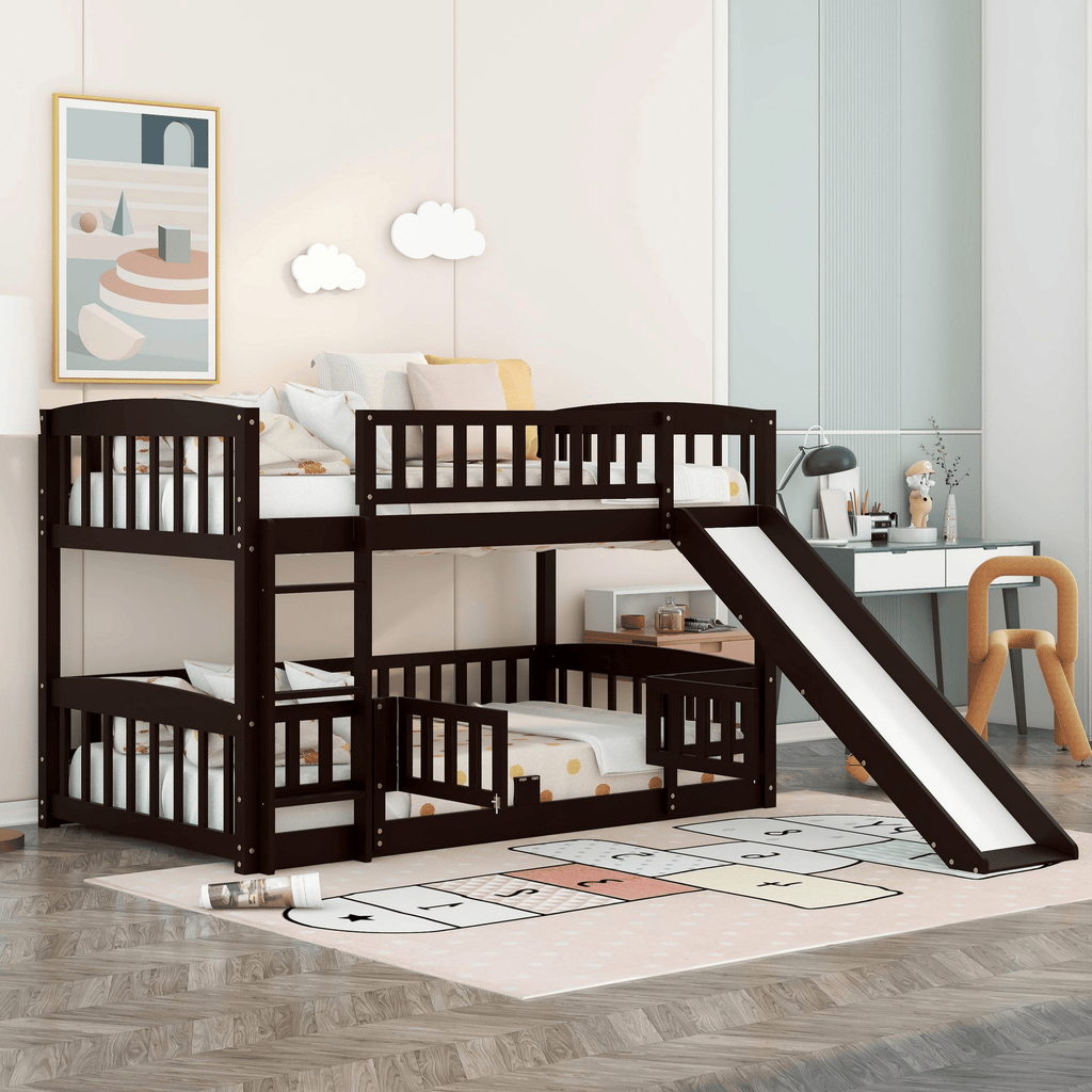 Bunk Bed with Slide,Twin Over Twin Low Bunk Bed with Fence and Ladder for Kids Teens Espresso
