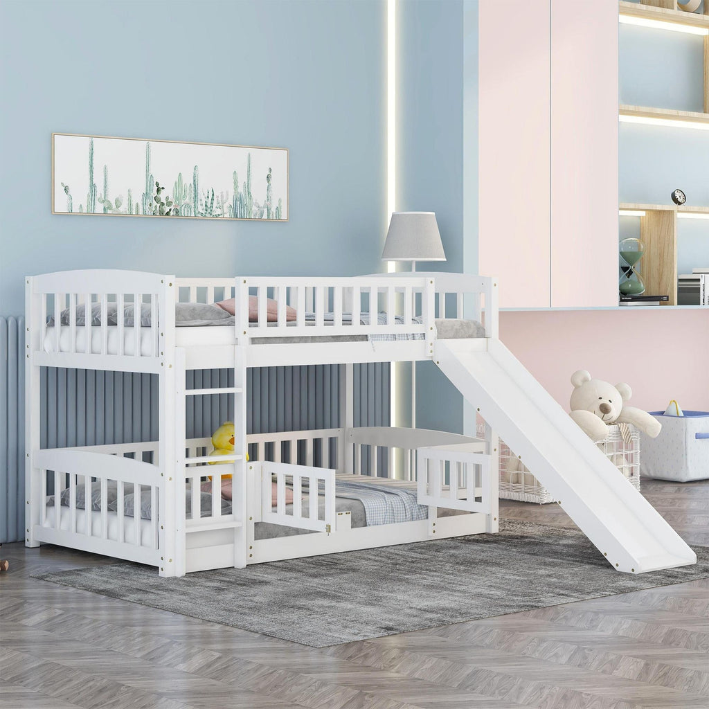 Bunk Bed with Slide,Twin Over Twin Low Bunk Bed with Fence and Ladder for Kids Teens White