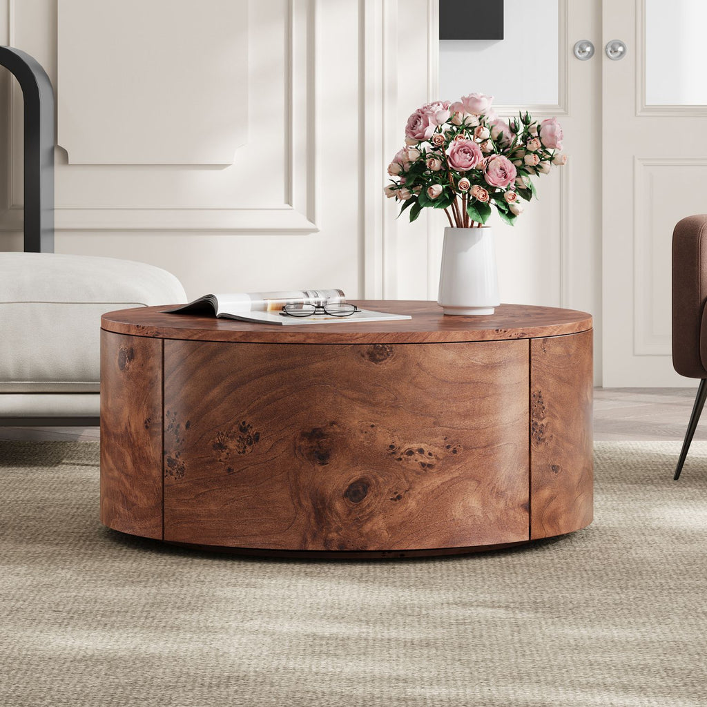 Burl Wood Rotating Coffee Table with 2 Drawers, 360° Rotating Top, Walnut, 28.4"