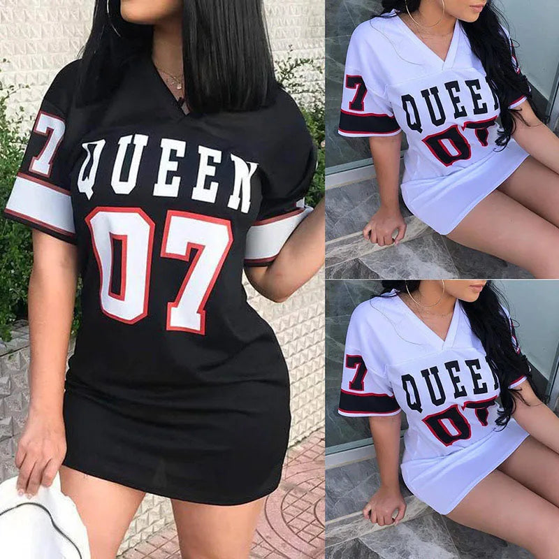V-Neck Queen Letters Print Dress with Short Sleeves and Sporty Style, Sexy Loose Fit Female Streetwear for Casual and Athletic Looks - NIICY