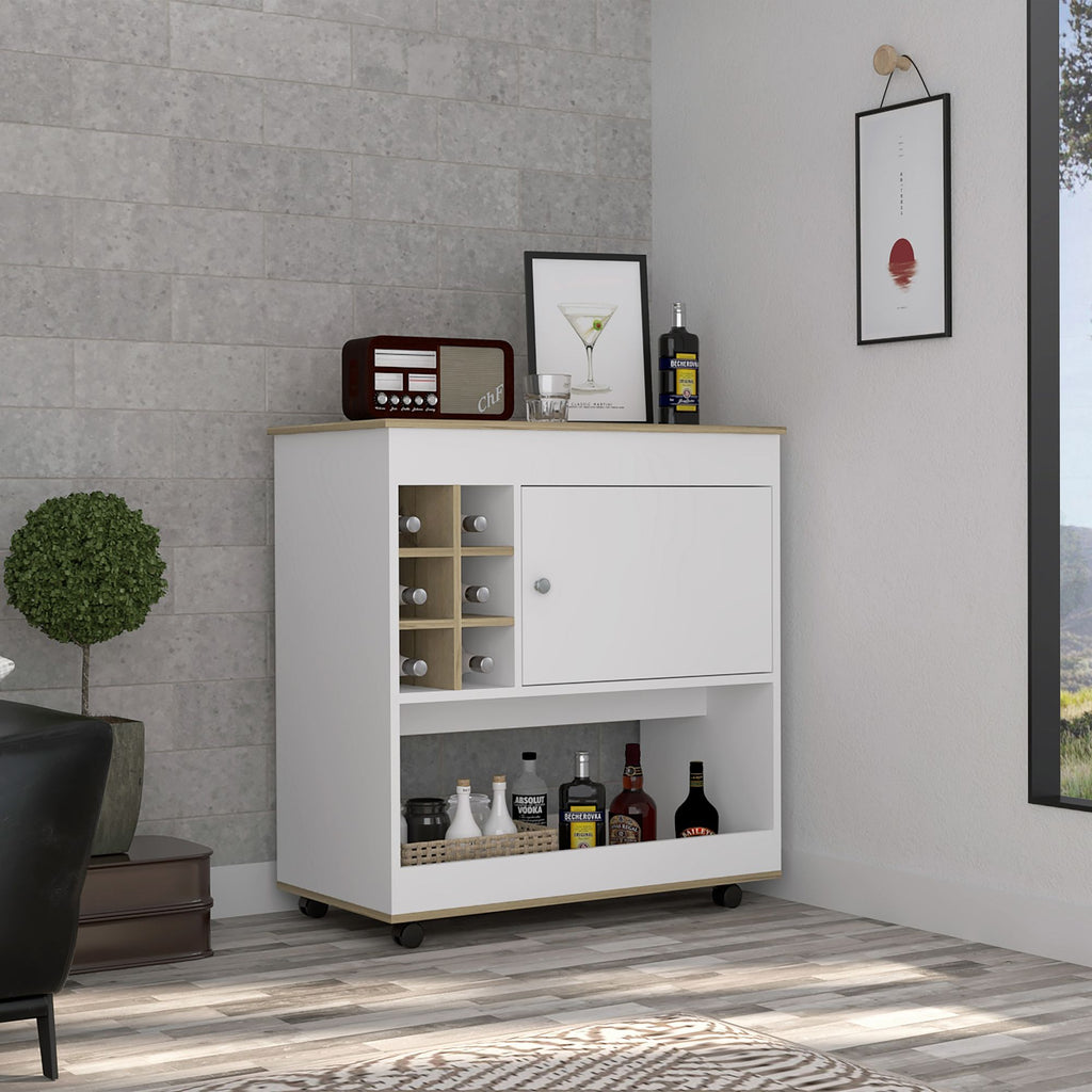 Camelia Bar Cart; Lower Panel; Six Bottle Cubbies; One Cabinet -Light Oak / White